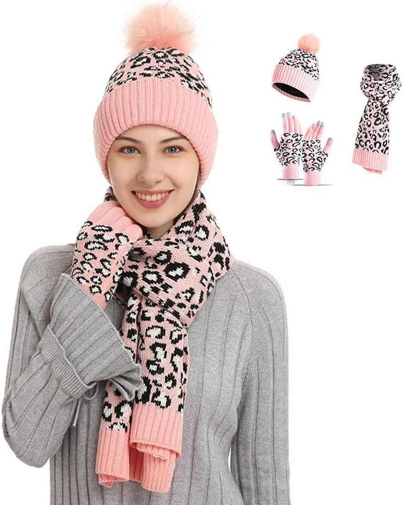 3-piece Women's Crochet Bobble Beanie, Scarf, and Touchscreen Mittens Winter Set