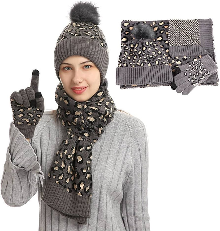 3-piece Women's Crochet Bobble Beanie, Scarf, and Touchscreen Mittens Winter Set