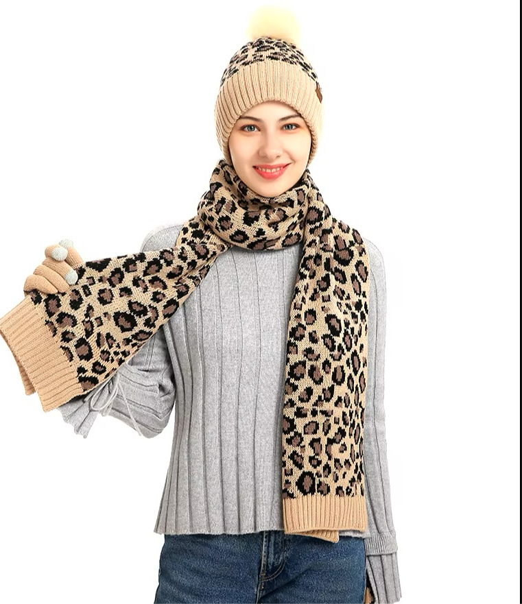 3-piece Women's Crochet Bobble Beanie, Scarf, and Touchscreen Mittens Winter Set