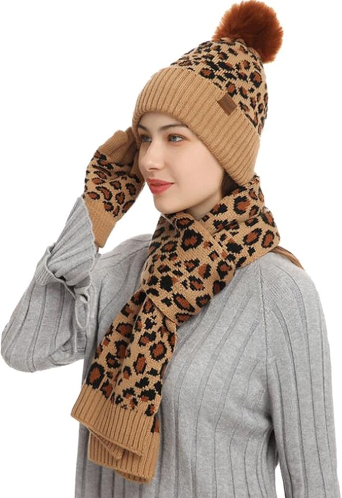 3-piece Women's Crochet Bobble Beanie, Scarf, and Touchscreen Mittens Winter Set