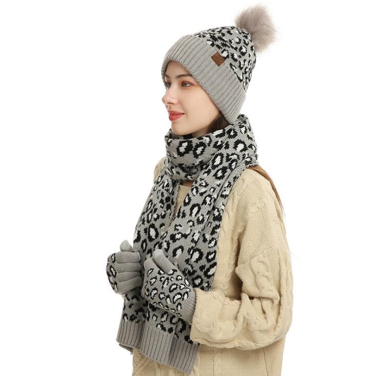 3-piece Women's Crochet Bobble Beanie, Scarf, and Touchscreen Mittens Winter Set